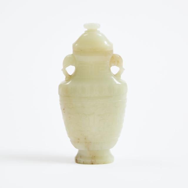 A White Jade Archaistic Vase and Cover, Qing Dynasty, 19th Century 