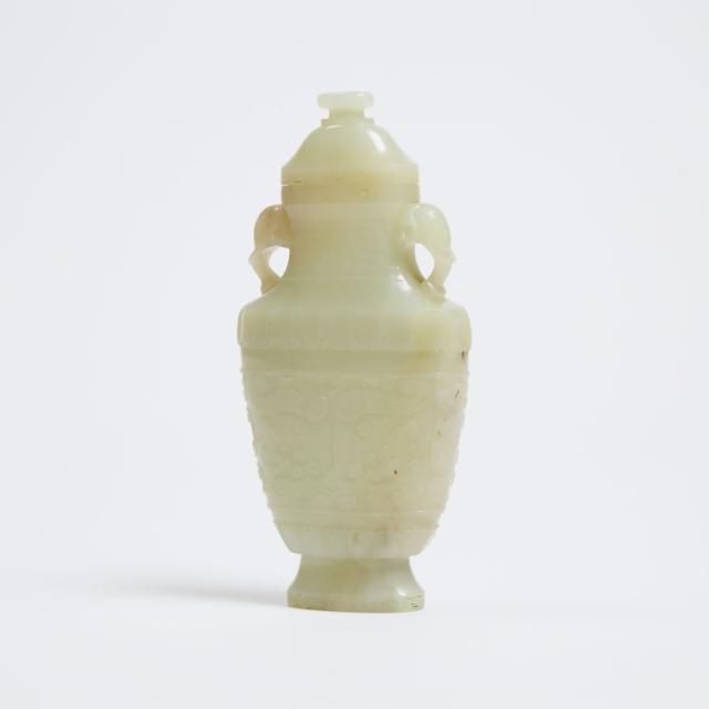 A White Jade Archaistic Vase and Cover, Qing Dynasty, 19th Century 