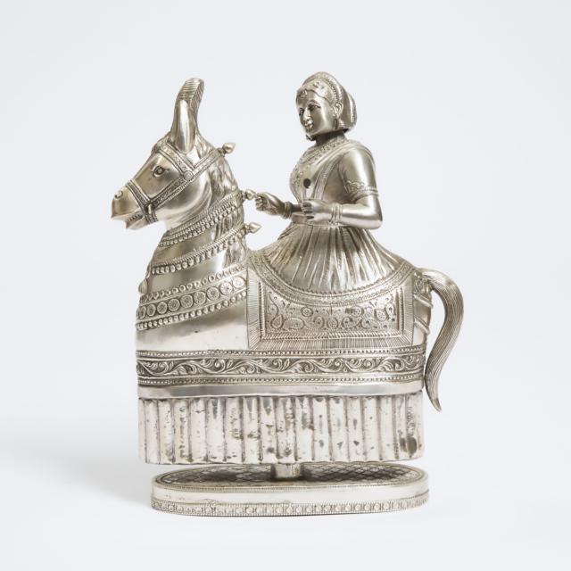A Large Indian Silver 'Nodding' Figure of a Princess on Horseback, Circa 1920