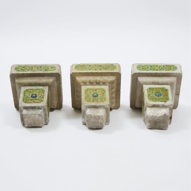 A Set of Three Carved and Polychromed White Marble Pedestals, Possibly China, 19th Century or Earlier
