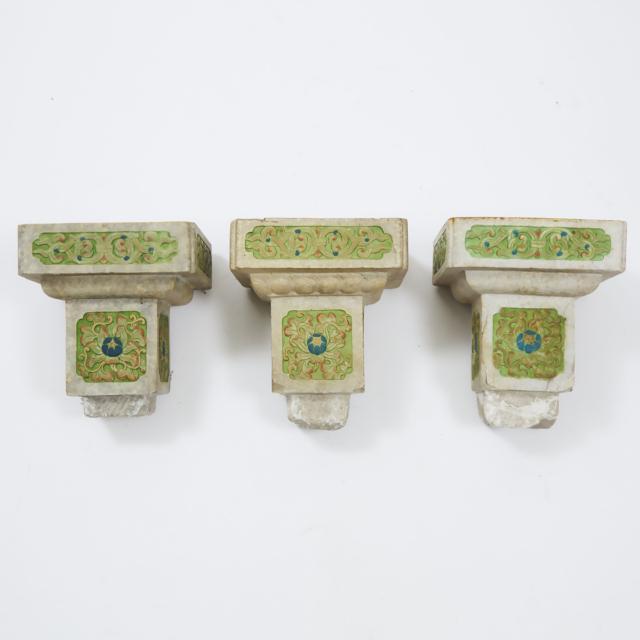 A Set of Three Carved and Polychromed White Marble Pedestals, Possibly China, 19th Century or Earlier