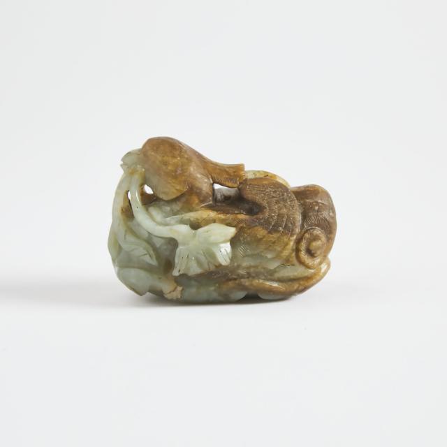 A Celadon and Russet Jade Mandarin Duck, Ming Dynasty, 16th/17th Century