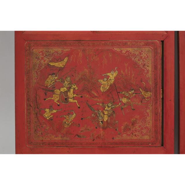 A Set of Seventeen Chinese Carved and Gilt Painted Wood Panels, Late Qing Dynasty, 19th Century
