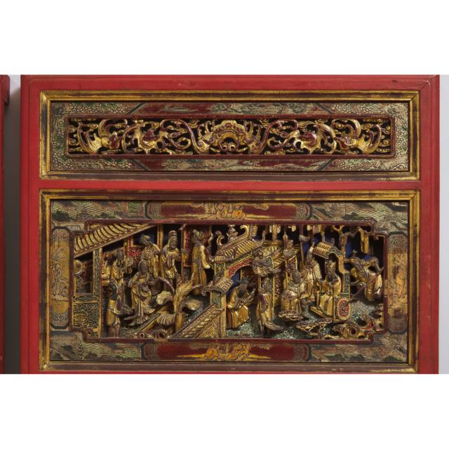 A Set of Seventeen Chinese Carved and Gilt Painted Wood Panels, Late Qing Dynasty, 19th Century