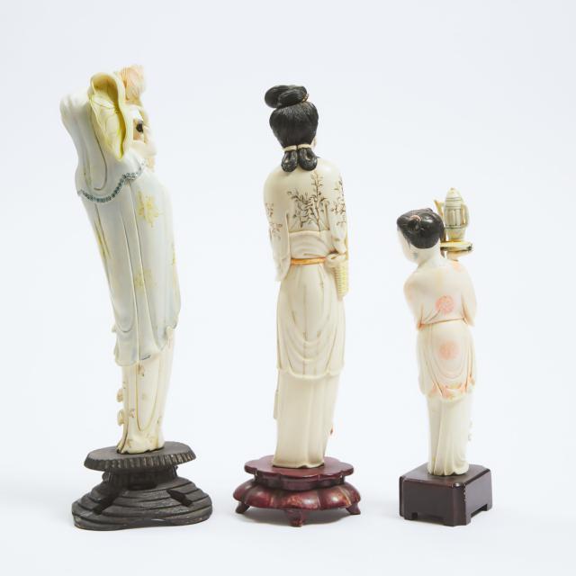 A Group of Three Tinted Ivory Figures, Early to Mid 20th Century