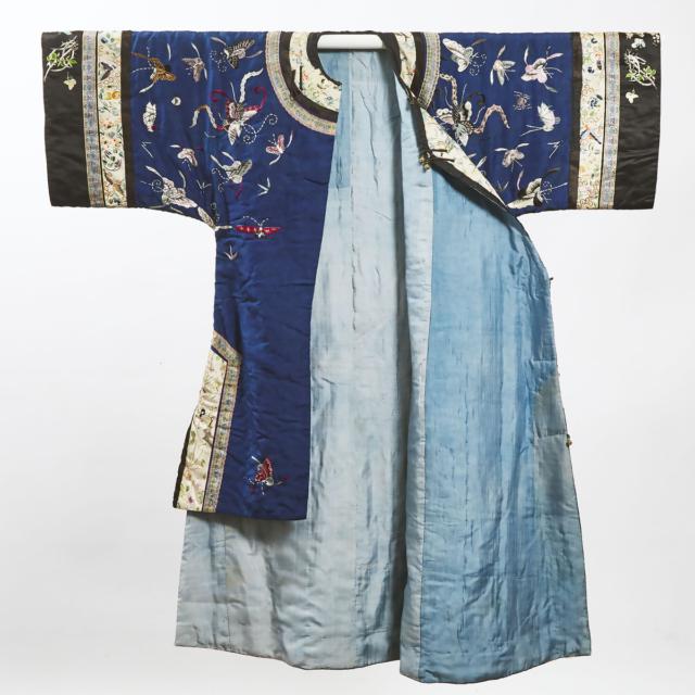 A Chinese Embroidered Blue-Ground 'Butterfly' Robe, Mid to Late Qing Dynasty