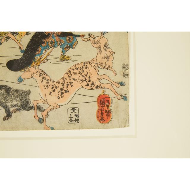 Utagawa Kuniyoshi (1798-1861), Hunting a Giant Wild Boar at Mount Fuji, Circa 1850
