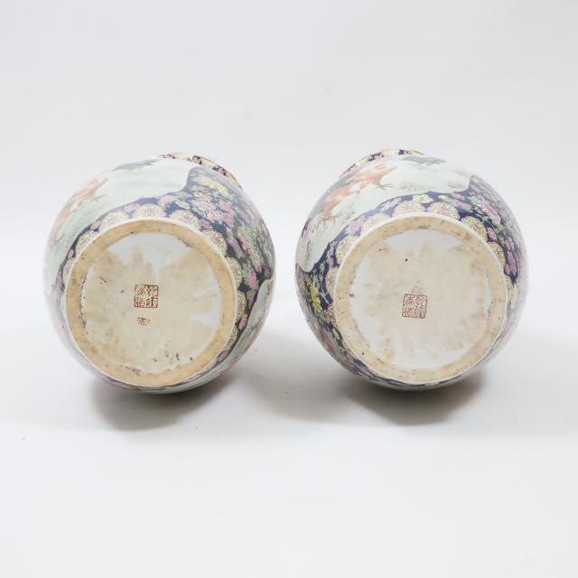 A Pair of Large Famille Rose 'Rooster' Floor Vases, 20th Century