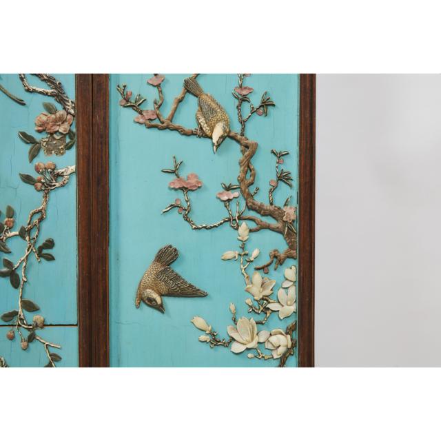 A Set of Four Chinese Polychromed Ivory and Jade Inlaid 'Birds and Flowers' Hanging Panels, 19th Century
