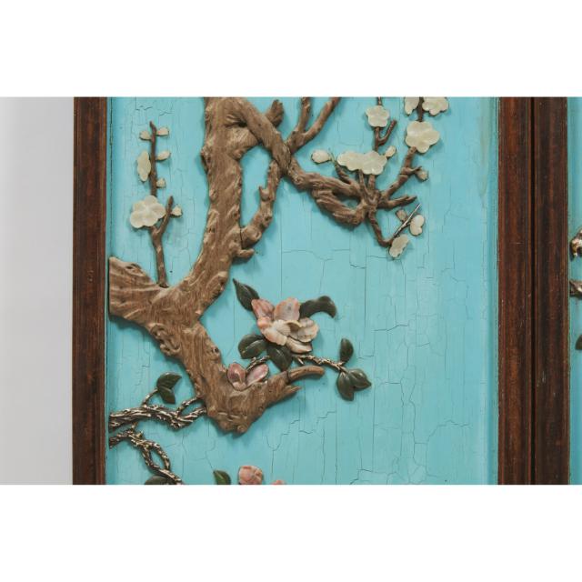 A Set of Four Chinese Polychromed Ivory and Jade Inlaid 'Birds and Flowers' Hanging Panels, 19th Century