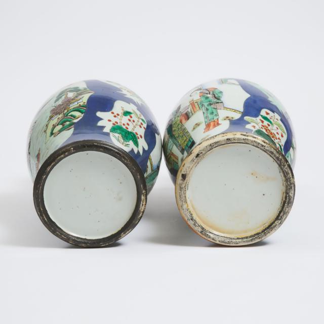A Pair of Powder Blue-Ground Famille Verte Vases and Covers, 19th Century