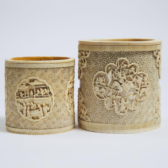 Two Chinese Carved Ivory Brushpots, 19th Century