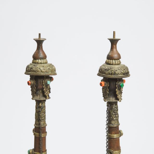 A Pair of Tibetan Wood and Metal Trumpet Horns Inlaid with Turquoise and Coral, 19th Century