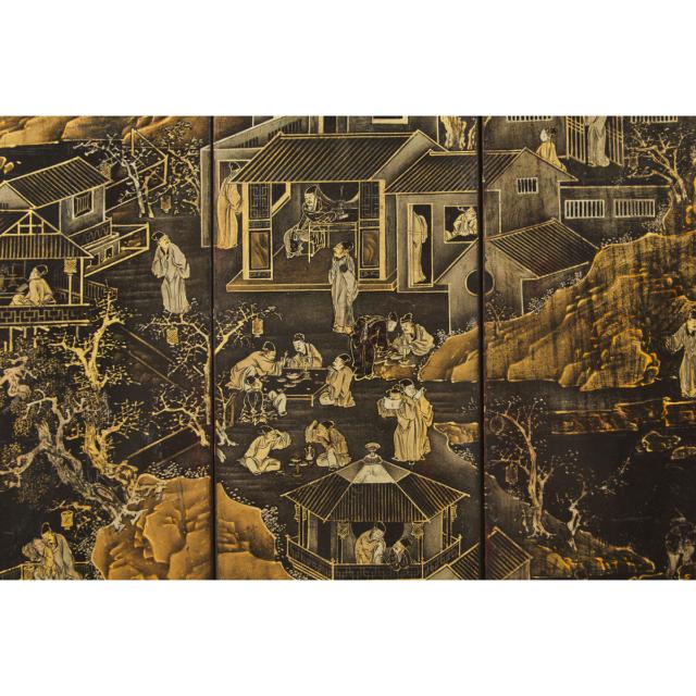 A Seven-Panel Gilt and Black Lacquer 'Scholars and Boys' Table Screen, Late Qing Dynasty, 19th Century