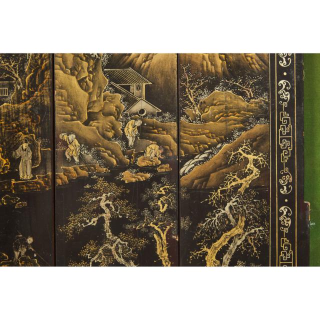 A Seven-Panel Gilt and Black Lacquer 'Scholars and Boys' Table Screen, Late Qing Dynasty, 19th Century