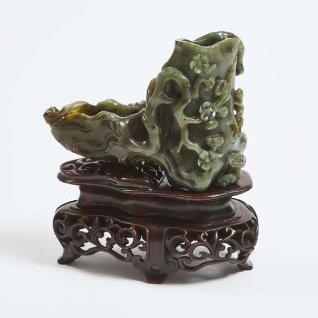 A Finely Carved Spinach Jade Trunk-Form Vase, 18th Century