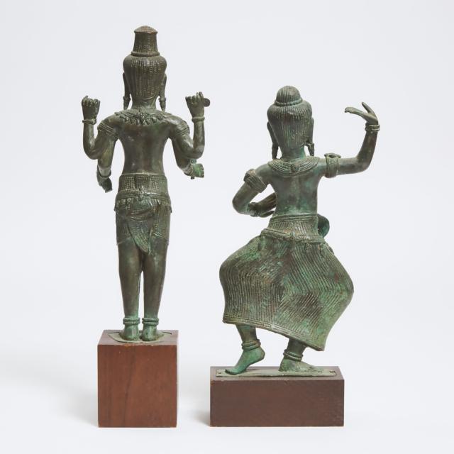 Two Khmer Bronze Figures of a Four-Armed Deity and a Dancer, 18th Century or Later