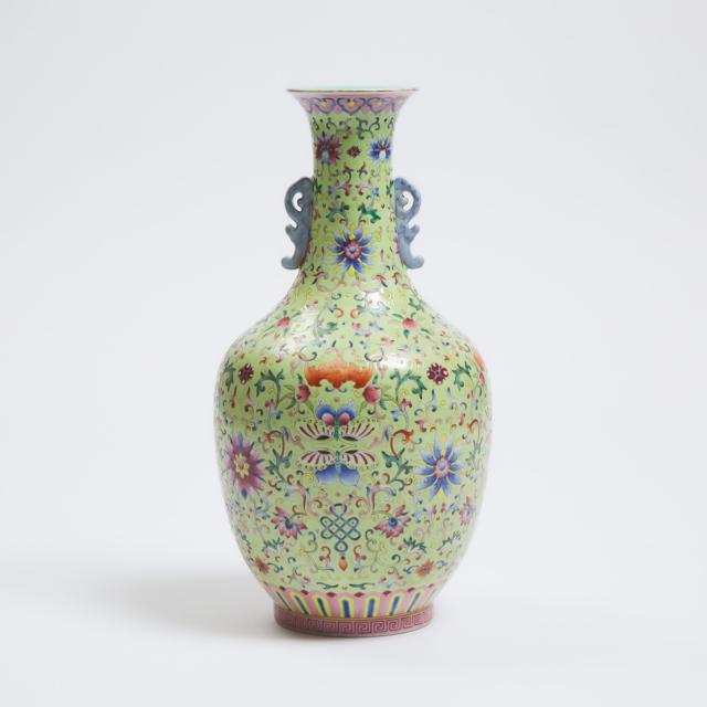 A Green-Ground Famille Rose Vase, Jiaqing Mark, Qing Dynasty, 19th Century