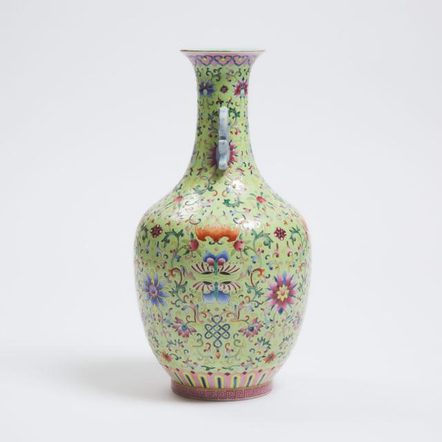 A Green-Ground Famille Rose Vase, Jiaqing Mark, Qing Dynasty, 19th Century