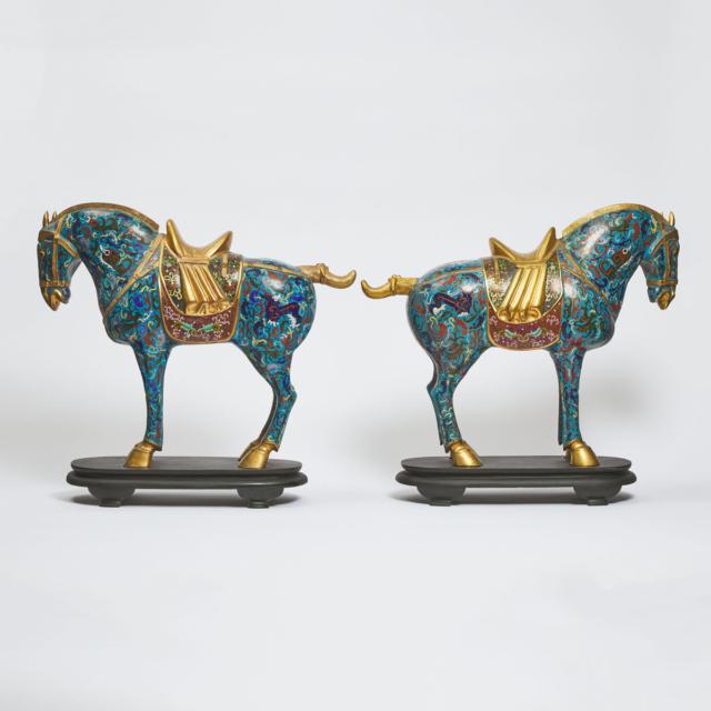 A Pair of Large Cloisonné Enamel Figures of Horses, Mid 20th Century