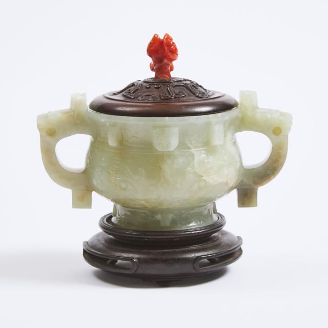 A Pale Celadon Jade Archaistic Gui-Form Censer, Ming Dynasty, 17th Century
