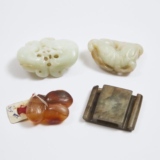A Group of Three Jade Carvings, Together With an Agate 'Peanut and Jujube' Pendant, Qing Dynasty, 19th Century