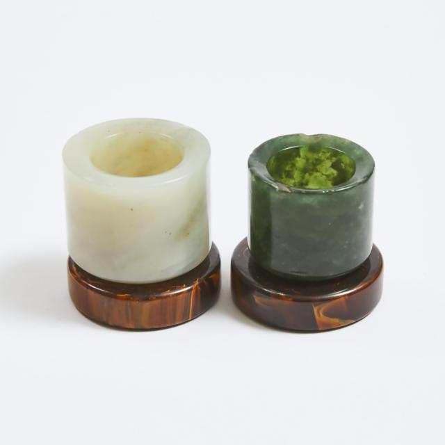 Two Jade Archer's Rings With Stands, Qing Dynasty, 19th Century
