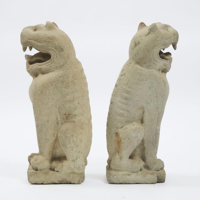 A Pair of Large Stone Seated Figures of Tigers, Northwest China, Possibly Yuan/Ming Dynasty