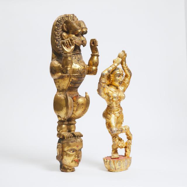 Two Large Indian Gilt Wood Figures of a Standing Lion and a Dancer, 19th Century