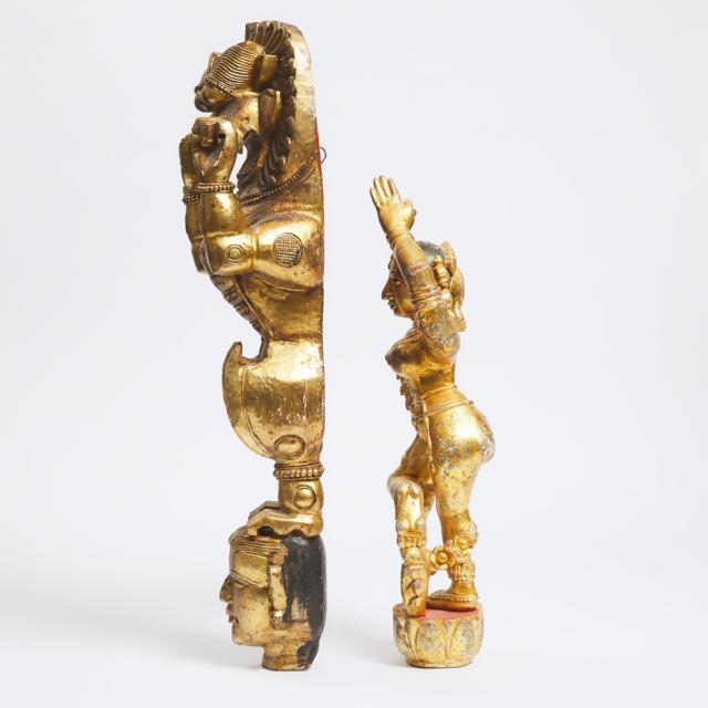 Two Large Indian Gilt Wood Figures of a Standing Lion and a Dancer, 19th Century