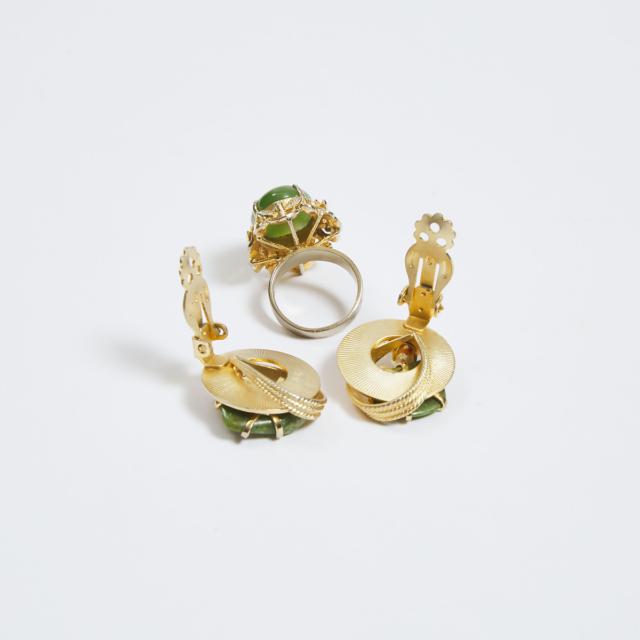A Set of Three Chinese Spinach Jade-Inset Gold Plated Jewellery Pieces