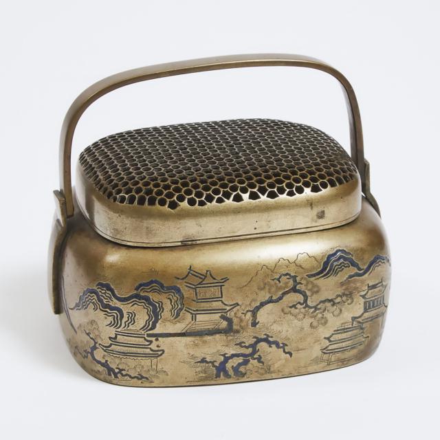 A Chinese Bronze 'Landscape' Handwarmer and Cover, Late Qing Dynasty, 19th Century