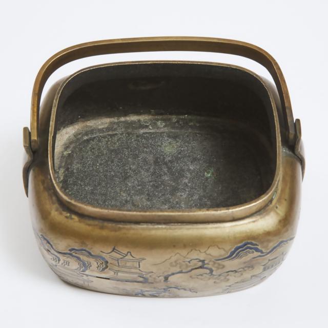 A Chinese Bronze 'Landscape' Handwarmer and Cover, Late Qing Dynasty, 19th Century