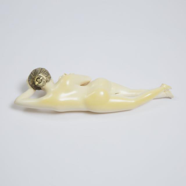 An Ivory Figure of a Reclining Nude, 'Medicine/Doctor's Doll', Together With a Rosewood Stand, Mid 20th Century
