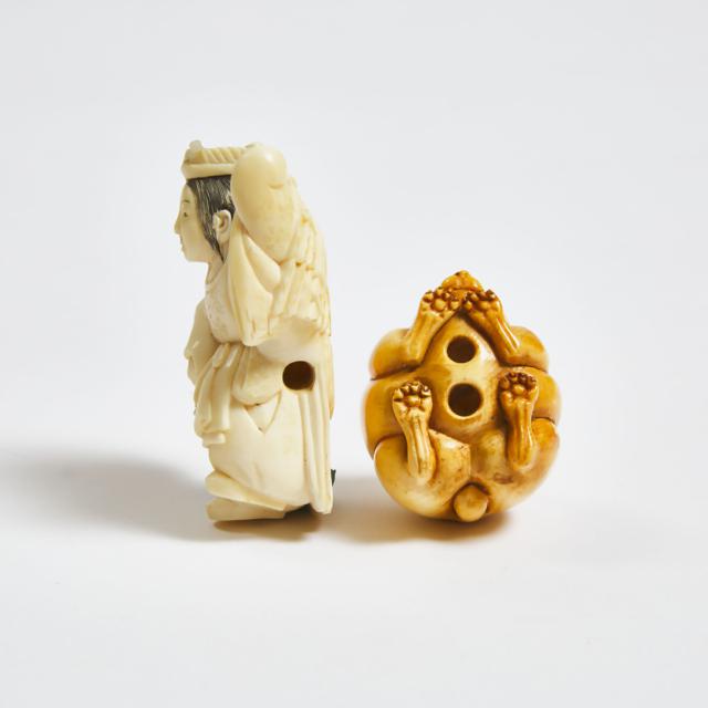 An Ivory Netsuke of a Rabbit, Together With a Butterfly Dancer, Signed Ryomin, Mid to Late 19th Century