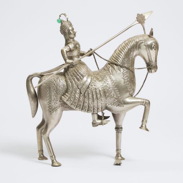 A Large Indian Silver Figure of a Prince on Horseback, Circa 1920