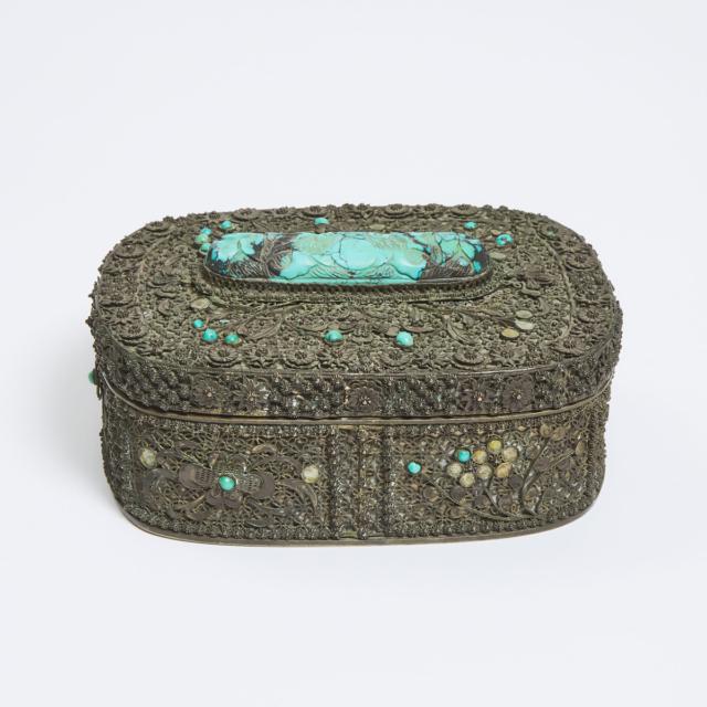 A Nepalese Silver Box Inlaid with Turquoise, 19th Century