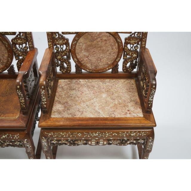 A Pair of Chinese Carved Rosewood Mother-of-Pearl Inlaid and Marble Inset Chairs, 19th Century