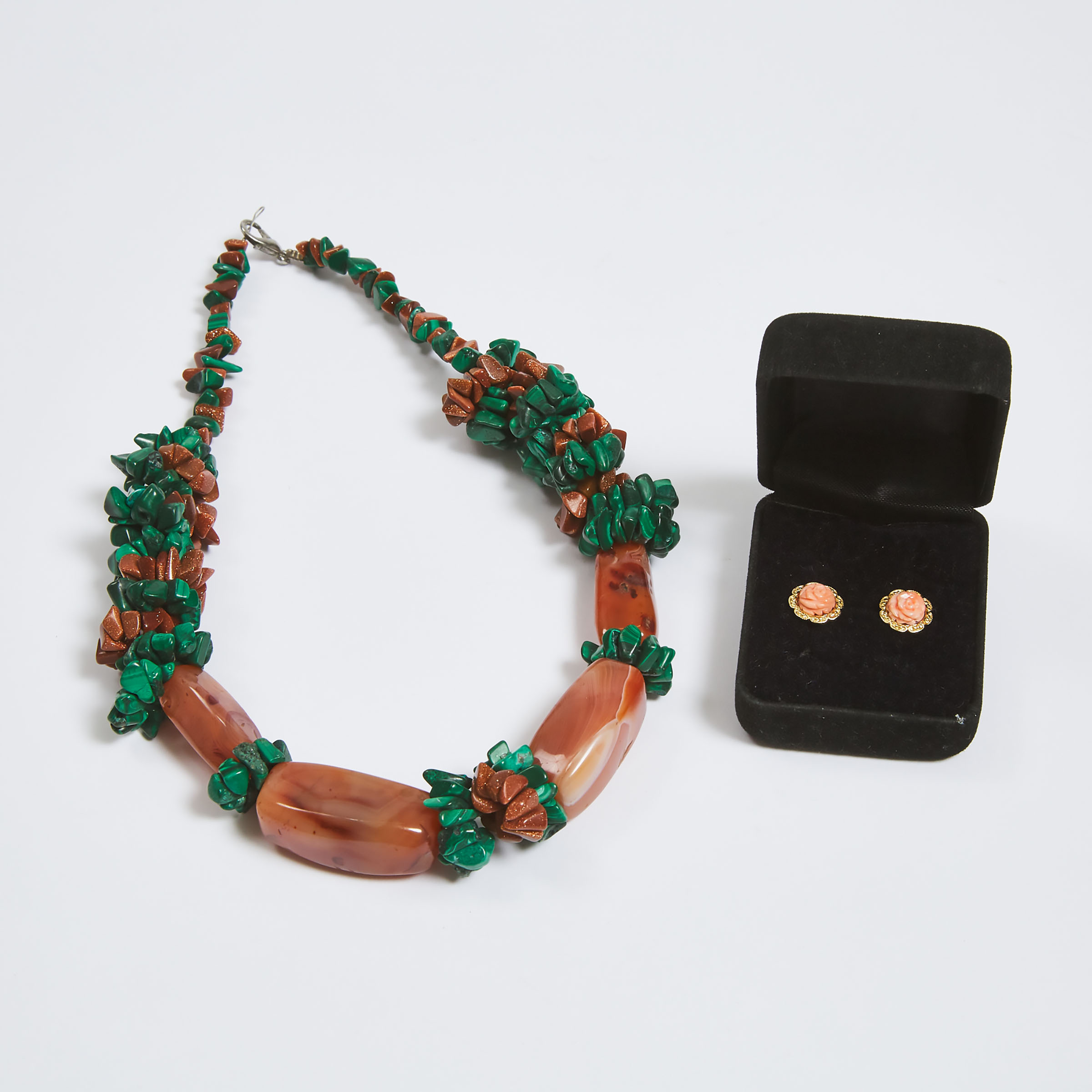 A Pair of Coral and Gold Earrings, Together With a Beaded Agate, Malachite, and Aventurine Necklace 