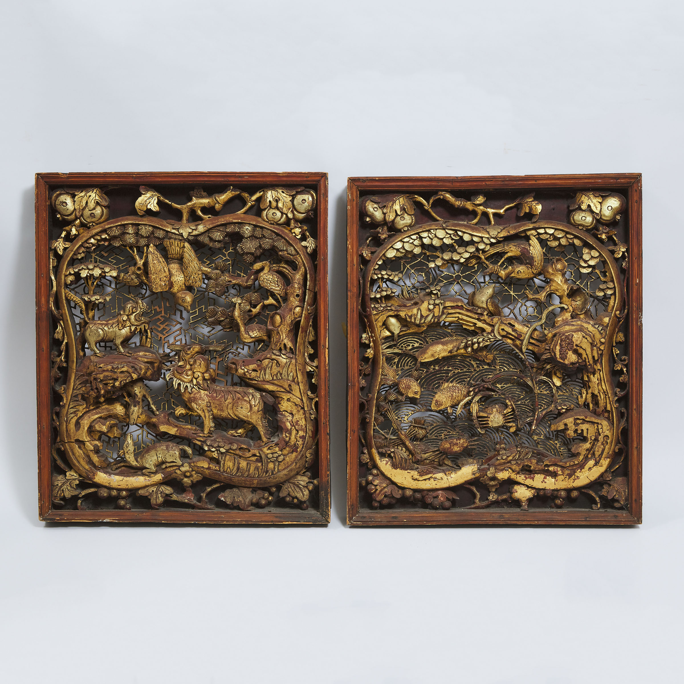 A Pair of Chinese Carved Gilt Wood Panels, Yunzouxiang Chen Shengji Mark, Jiaqing Period, Early 19th Century