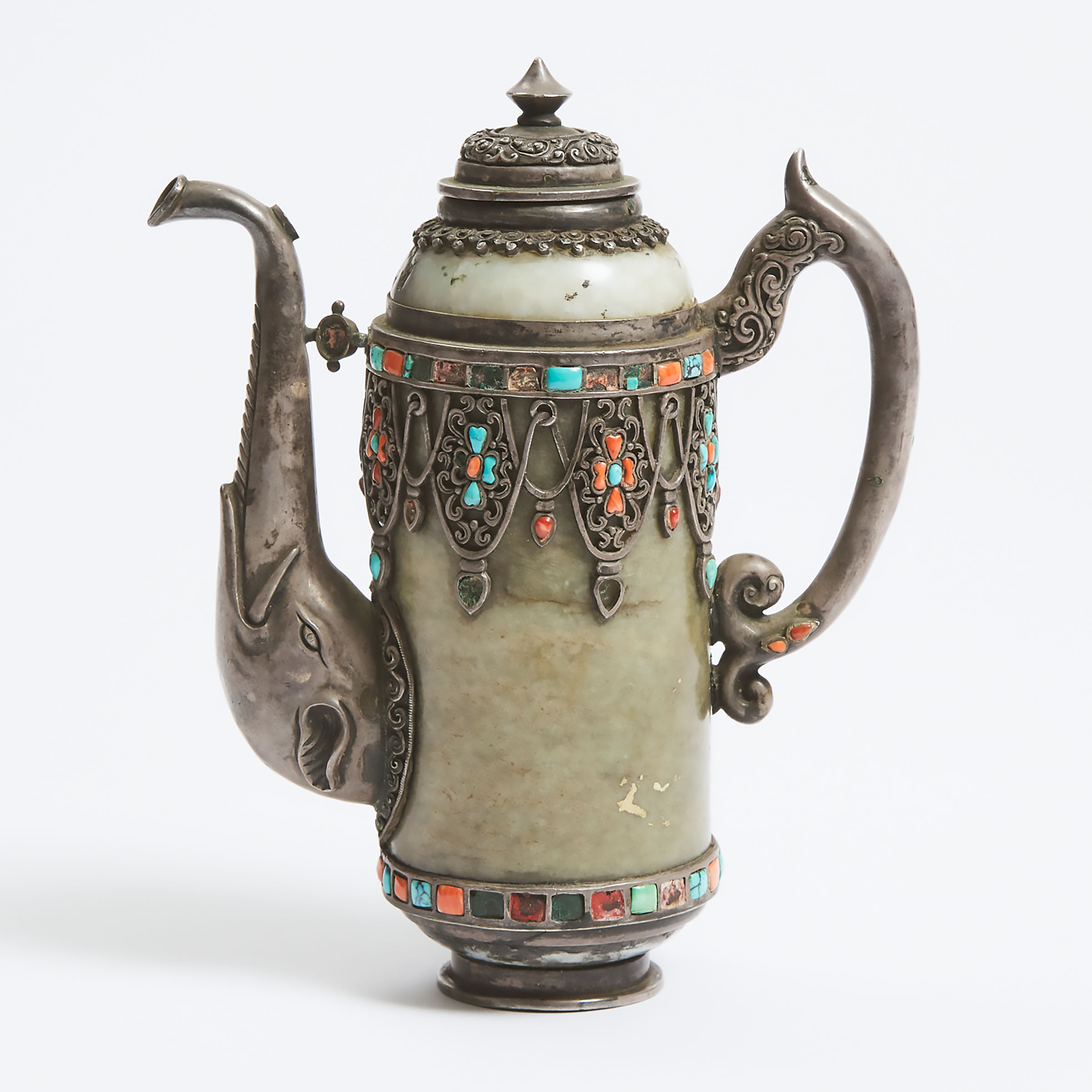 A Mottled Celadon Jade Silver-Mounted Teapot, Tibet/Mongolia, 19th Century or Earlier