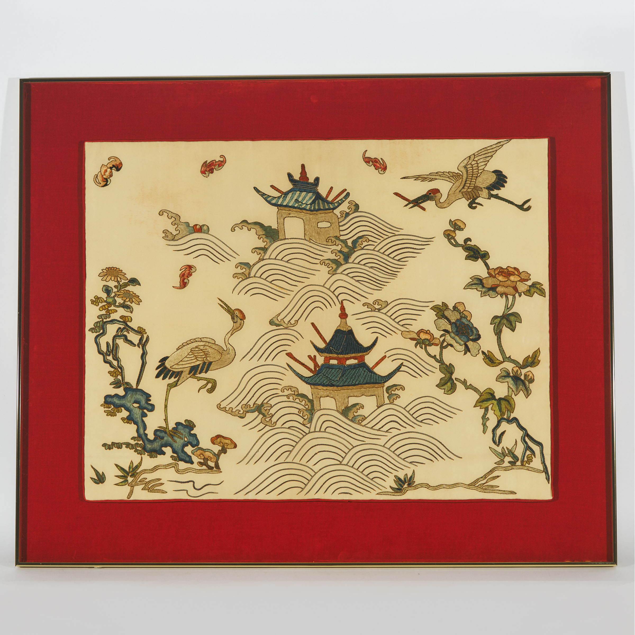 A Chinese Embroidered Silk 'Cranes' Panel, Late Qing Dynasty