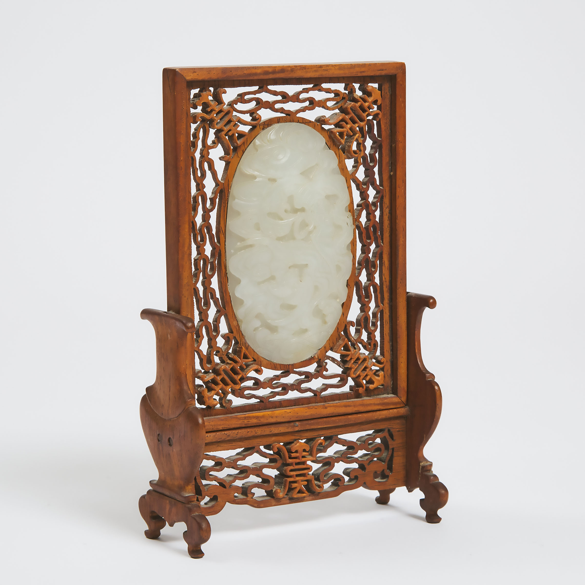 A White Jade-Inset Rosewood Table Screen, Qing Dynasty, 19th Century