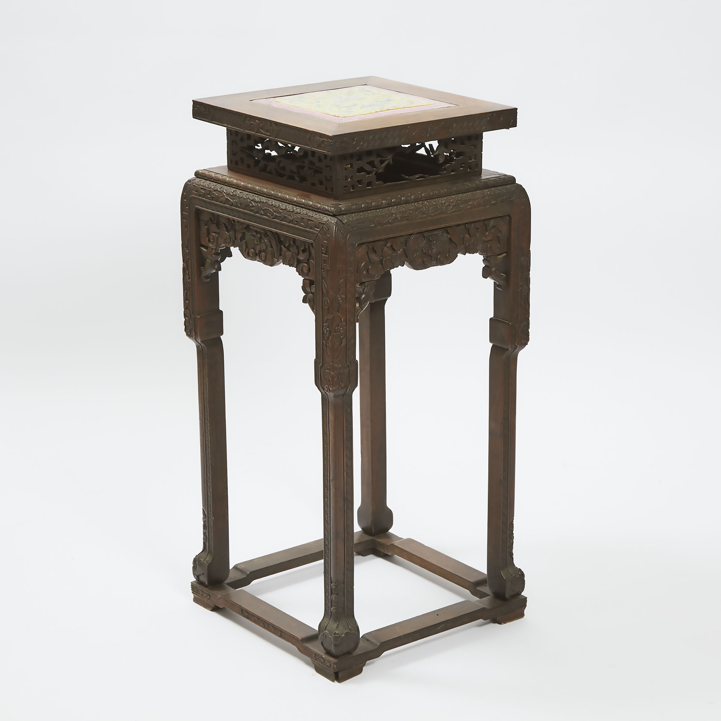 A Chinese Porcelain Panel-Inset Rosewood Stand, 19th Century