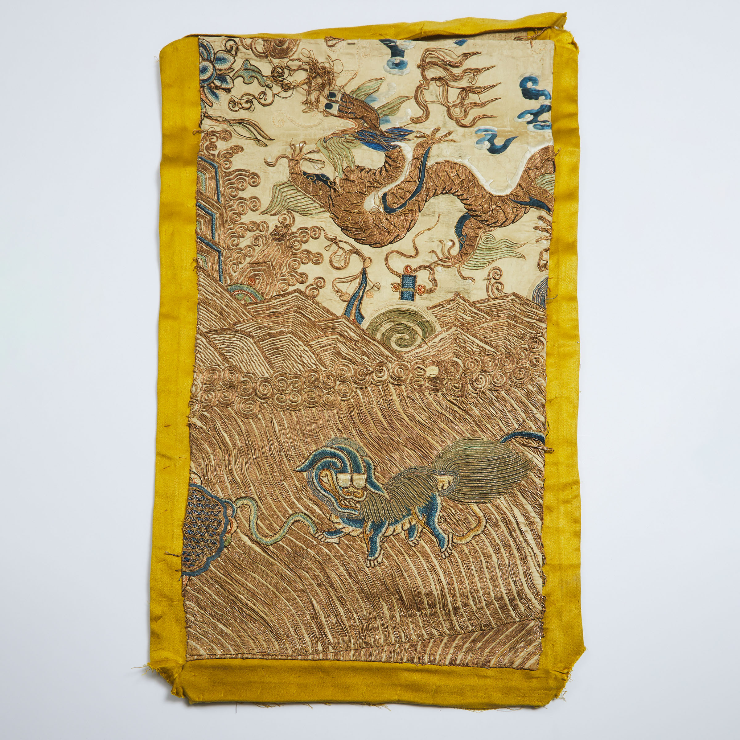 A Chinese Imperial Dragon Robe Fragment Panel, Qing Dynasty or Earlier