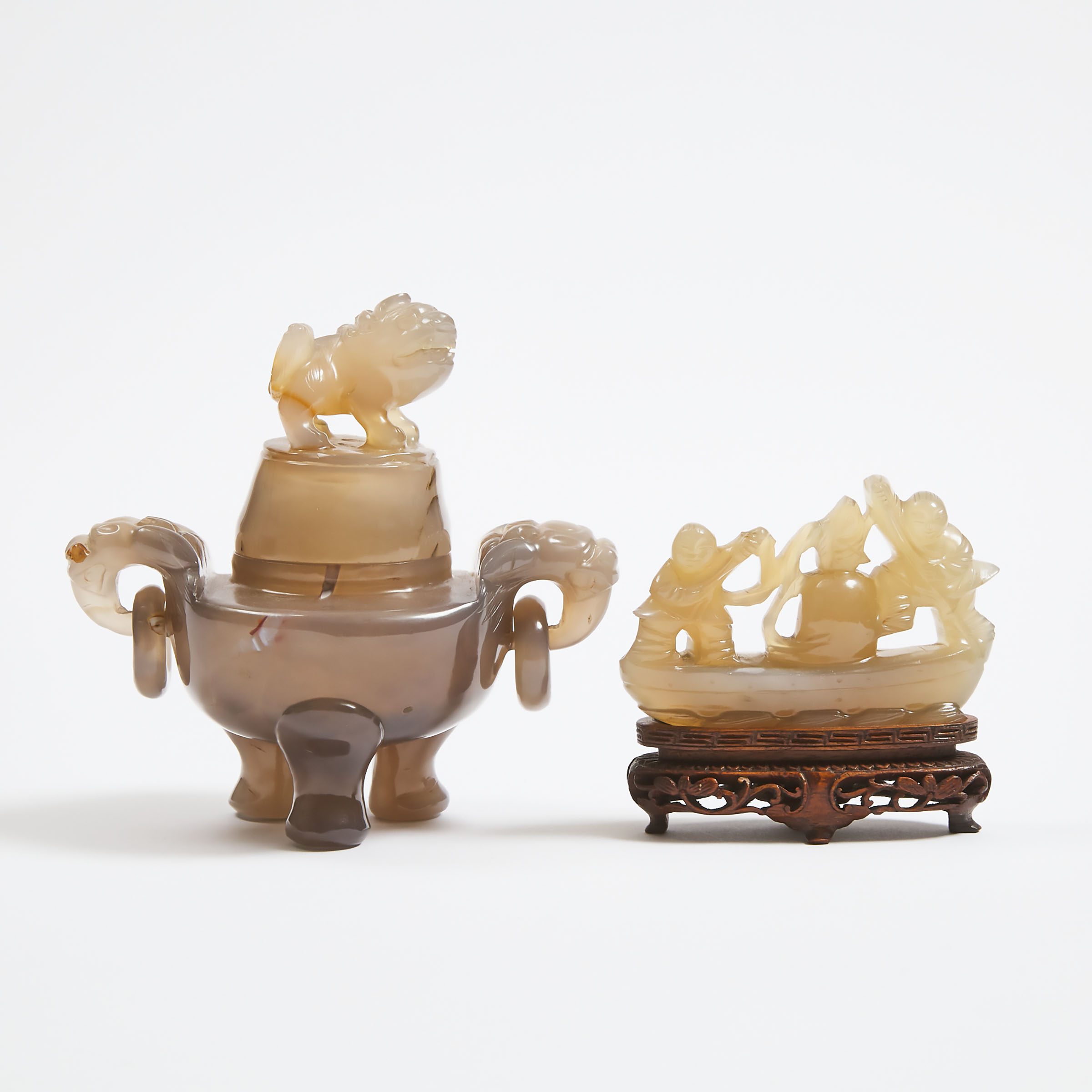 An Agate Tripod Censer and Cover, Together With an Agate 'Boys' Group, Republican Period
