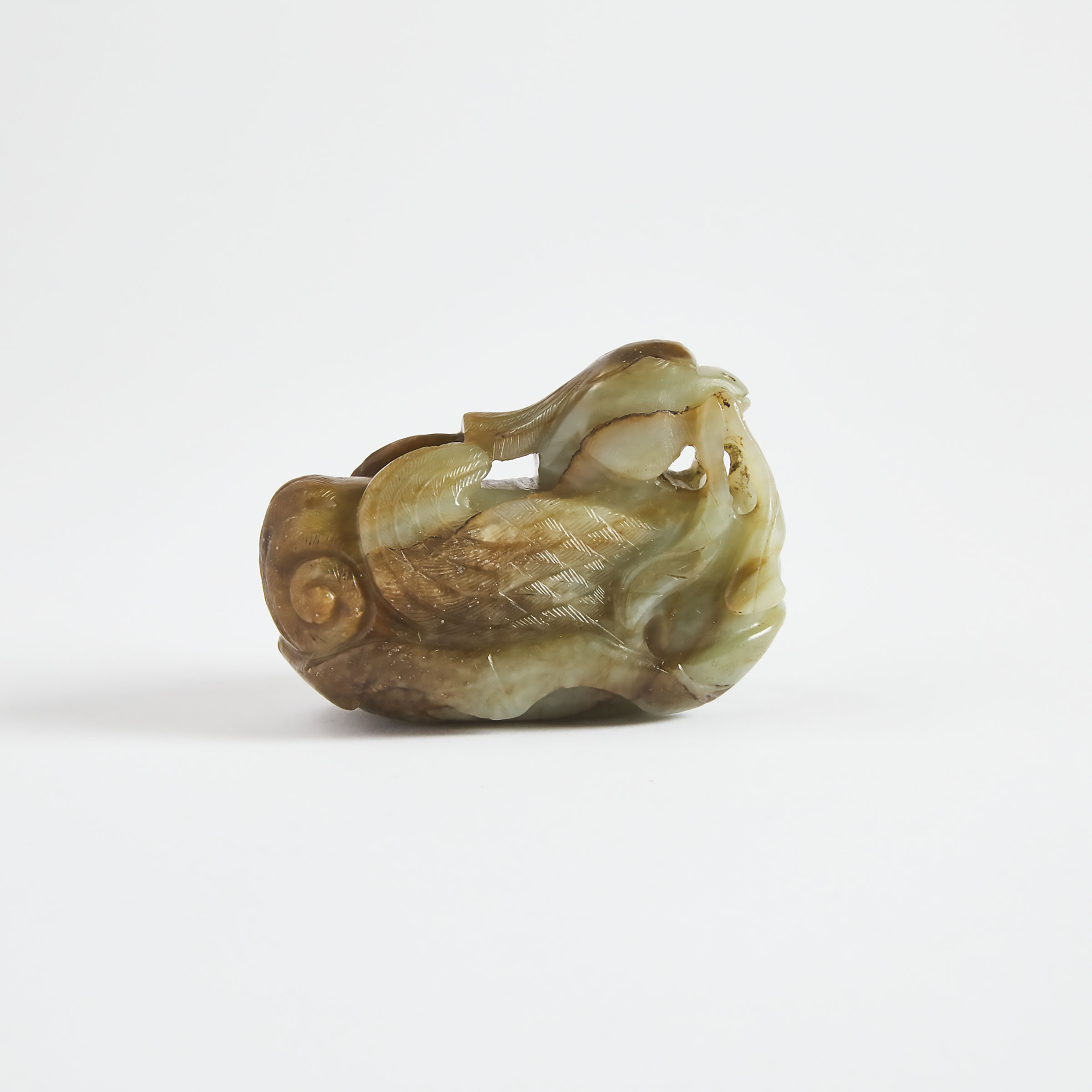 A Celadon and Russet Jade Mandarin Duck, Ming Dynasty, 16th/17th Century