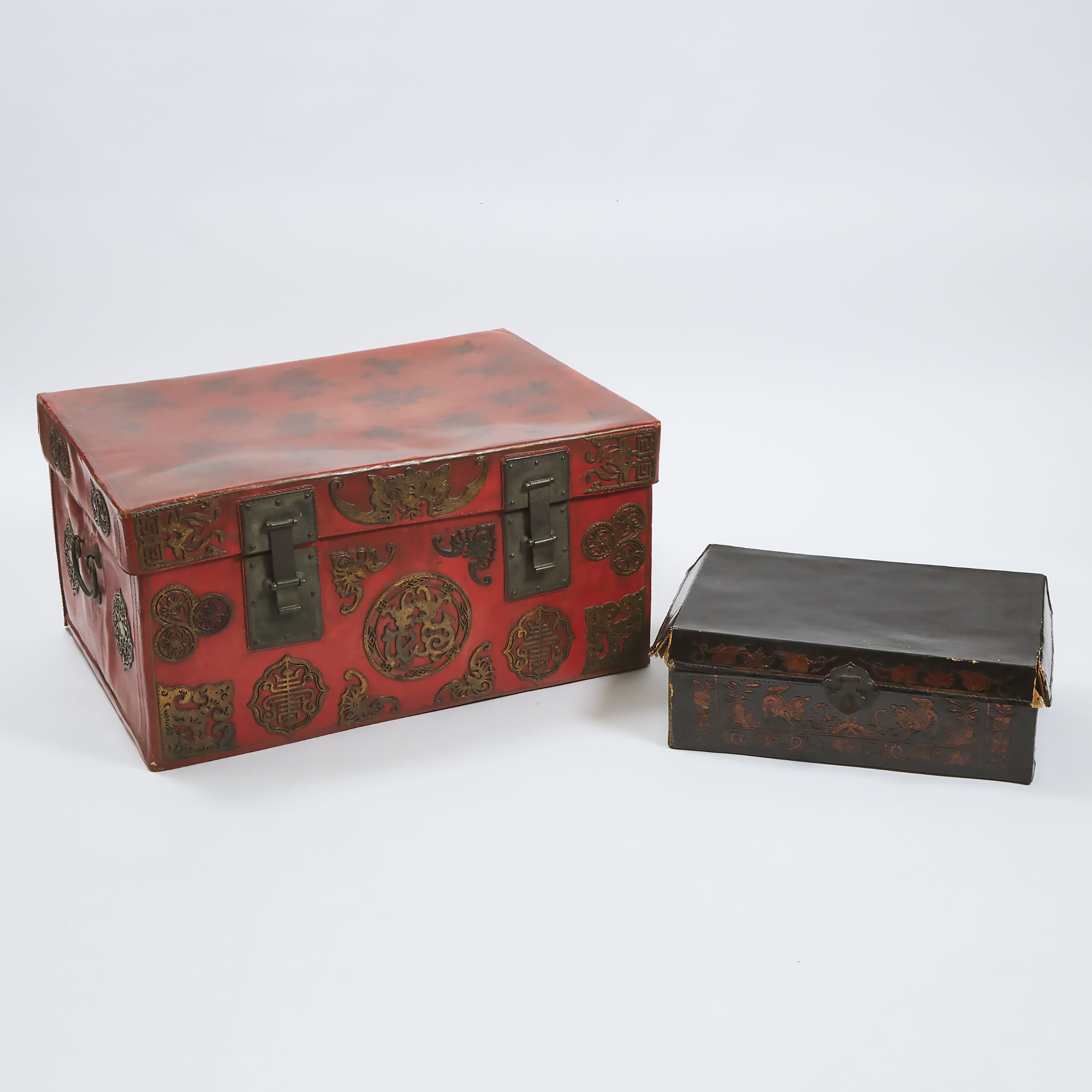 Two Chinese Red and Black Lacquered Pigskin Leather Boxes, 19th/Early 20th Century