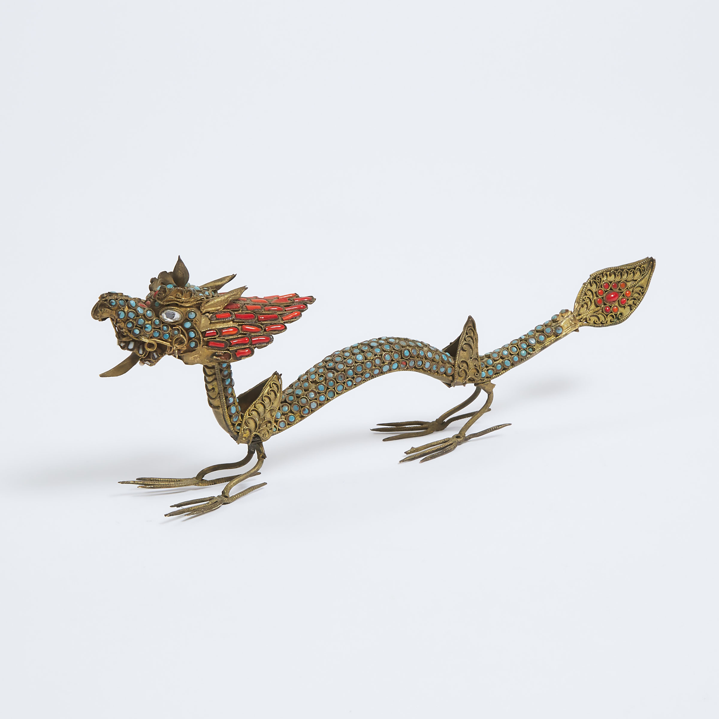 A Chinese Coral and Turquoise Inlaid Brass Filigree and Enamel Dragon, Late 19th/Early 20th Century