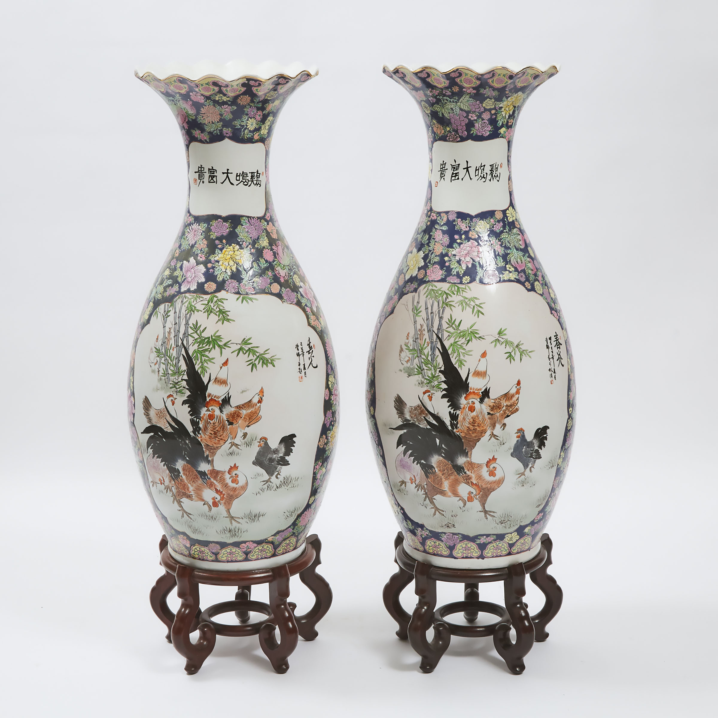 A Pair of Large Famille Rose 'Rooster' Floor Vases, 20th Century